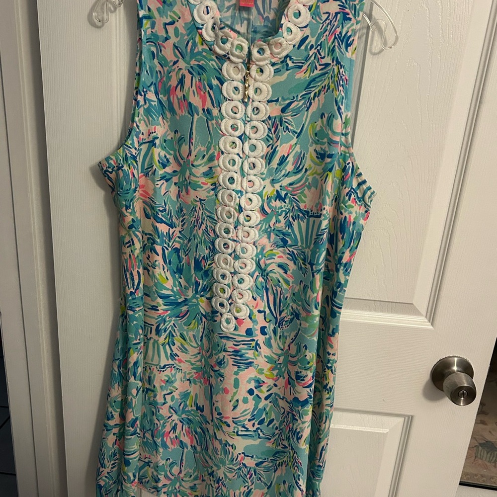 Sleeveless Aqua Floral Shift Dress with White Trim